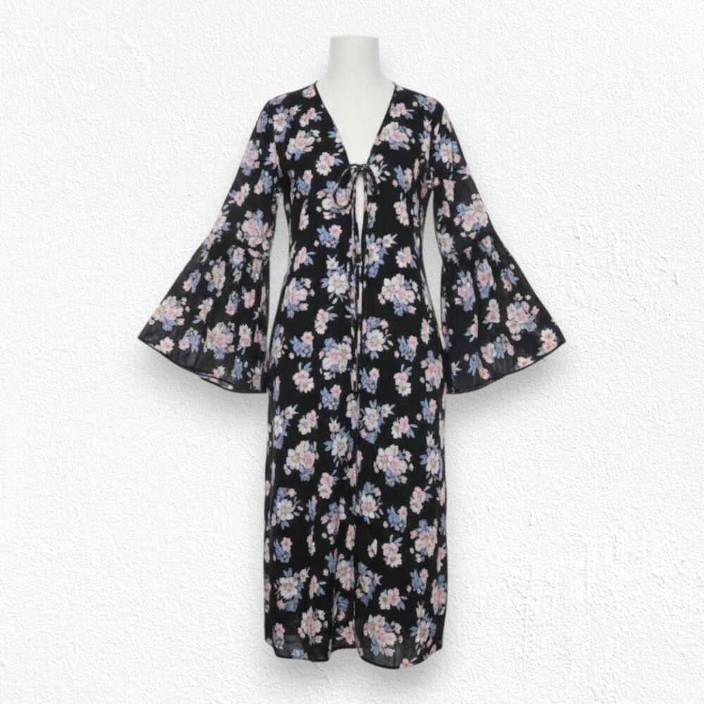 Band of Gypsies Pink Black Floral Bell Sleeve Boho Kimono Duster Size Large